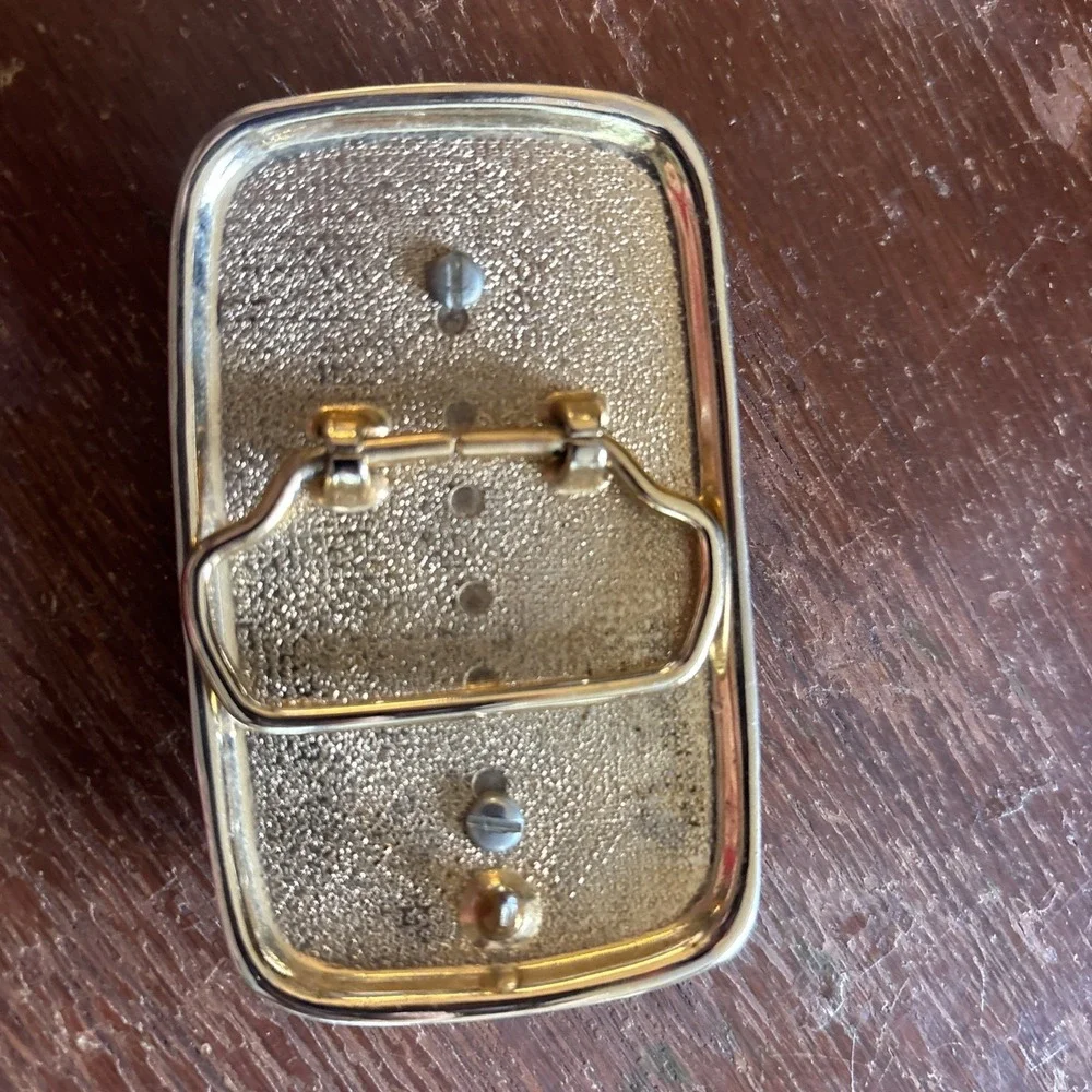 Vintage Western Belt Buckle - Agate Stone - Heavy Gold Tone Metal